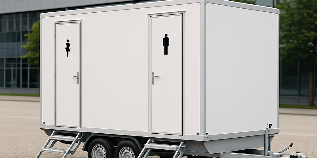 Een witte mobiele toiletwagen voor 8 personen met aparte deuren voor dames en heren, geplaatst op een evenementenlocatie