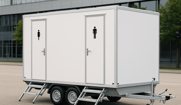 Een witte mobiele toiletwagen voor 8 personen met aparte deuren voor dames en heren, geplaatst op een evenementenlocatie
