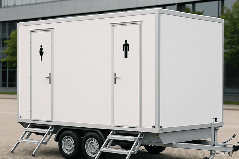 Een witte mobiele toiletwagen voor 8 personen met aparte deuren voor dames en heren, geplaatst op een evenementenlocatie